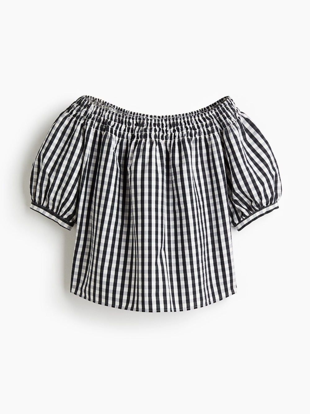 H&M Black and White Gingham Smocked Off-Shoulder Top NWOT